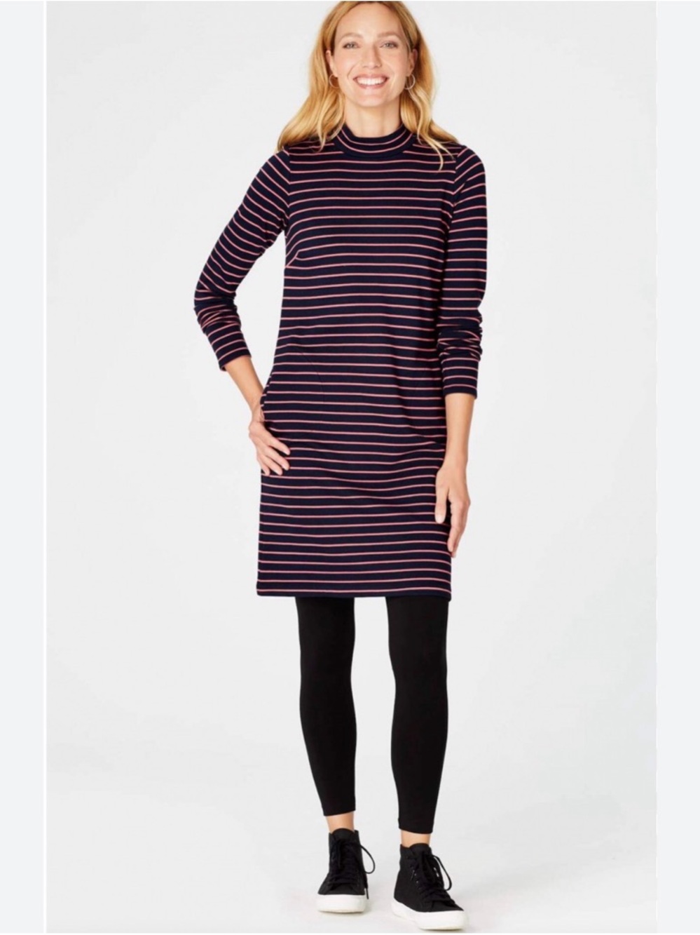 J Jill Striped Mock Neck Long Sleeve Dress Navy Pink Knit Women Size L